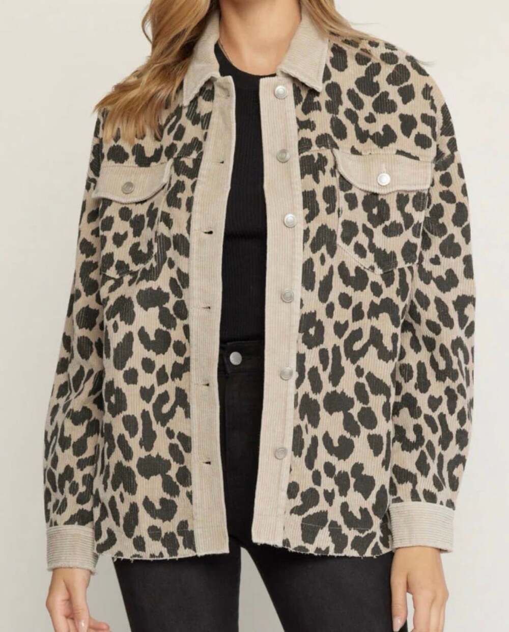 Entro Leopard Print Corduroy Shacket Jacket (p1)